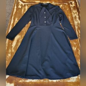 Allegra K-NWOT-Tie Neck Knit Long Sleeve Midi Solid Dress.